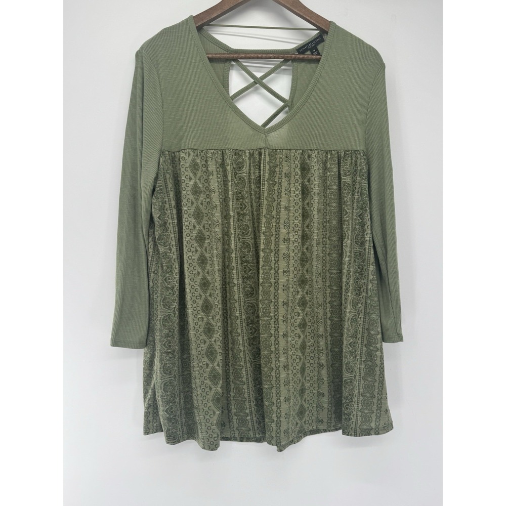 Signature Studio Green criss cross back 3/4 Sleeve Pullover Soft Cottage 1X